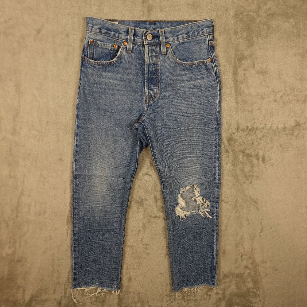 Levi's Jeans 501 Straight Crop Raw Hem Women's 26 Light Wash Blue Denim Distress